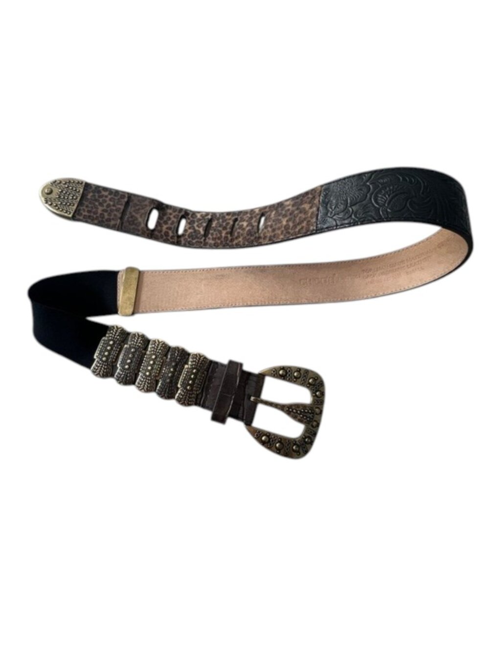 Chico's Statement Belt Small Black Brown Leather Stretch Western Boho Studded